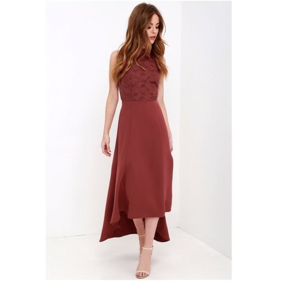 KEEPSAKE the Label Dresses & Skirts - Keepsake All Talk Hi-Low Dress Maroon Halter Neck